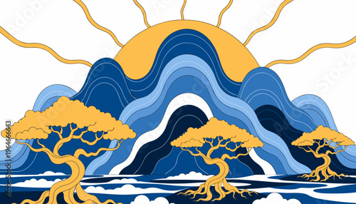 Traditional east asian style mountain landscape with golden pine trees and rising sun