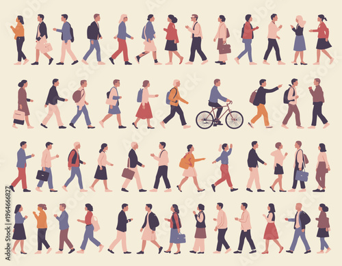 Diverse group of people walking in a line vector illustration
