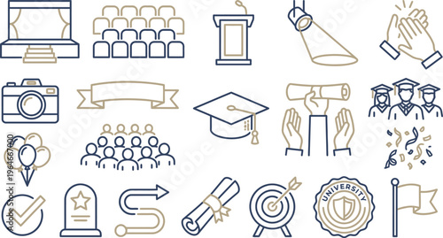 A diverse collection of minimalist line icons representing educational achievement, university graduation, and ceremonial events.