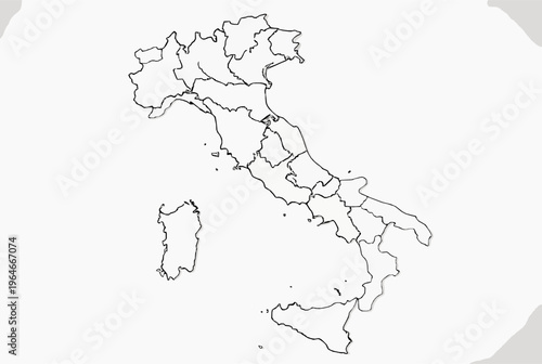 Outline map of Italy with regions and islands labeled in black and white