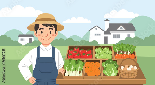 Happy Farmer Sells Fresh Organic Produce and Eggs from His Farm Stall