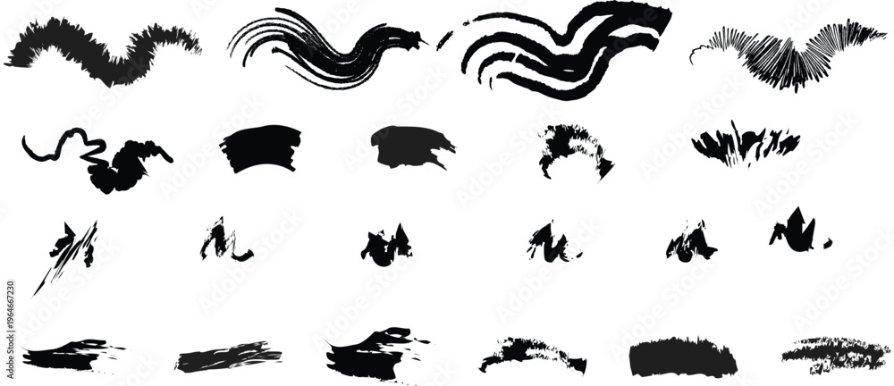 Fototapeta premium Collection of black ink brush strokes and paint splatters on a white background