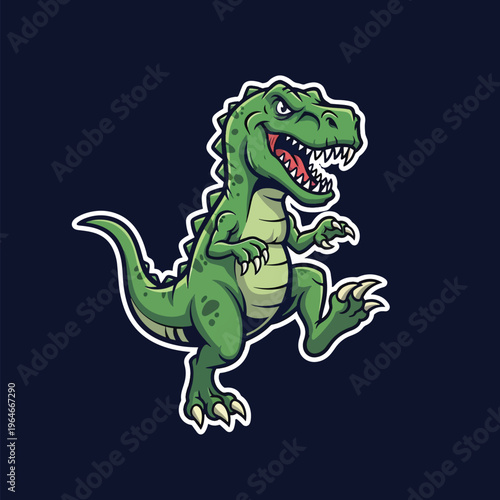 Energetic green cartoon Tyrannosaurus Rex character illustration, a playful junior dinosaur.