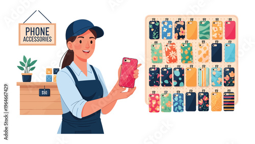 Phone Accessory Shop: A cheerful shop owner showcasing a colorful phone case within her accessory shop.