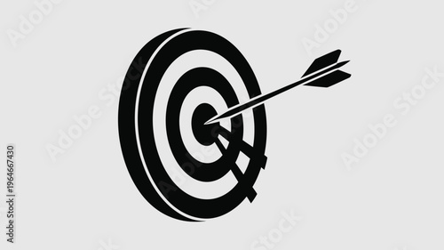 Minimalist bullseye target with arrow hitting center, black and white archery goal icon, business success and achievement concept vector