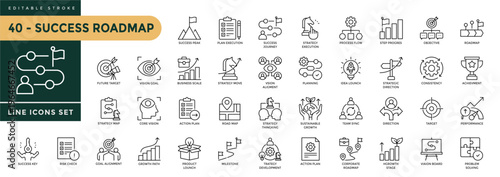 A collection of Success Roadmap icons set with editable stroke, including career growth, strategic planning, goal achievement, action plan, milestone tracking. Thin linear vector illustration.