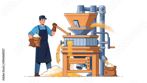 Grinding Grain: An illustration shows a miller tending to a grain mill, extracting flour from wheat