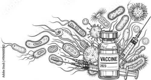 microorganisms and vaccine vial illustrations
