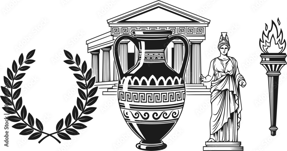 Fototapeta premium Ancient greek symbols: amphorae laurel wreath torch temple statue 