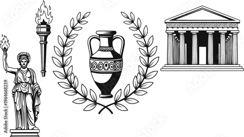 Ancient greek symbols: amphorae laurel wreath torch temple statue
