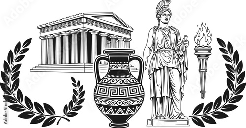 Ancient greek symbols: amphorae laurel wreath torch temple statue
