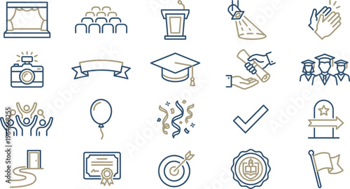 Collection of achievement celebration icons including stage, graduation cap, and congratulatory applause symbols