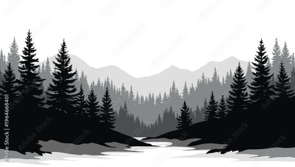 Fototapeta premium Pine trees silhouettes. Evergreen coniferous forest silhouette, nature spruce tree park 