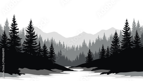 Pine trees silhouettes. Evergreen coniferous forest silhouette, nature spruce tree park 
