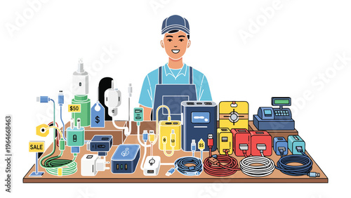 Electronics Technician and His Gadgets: A skilled electronics technician stands confidently behind his counter, surrounded by a diverse array of gadgets and equipment ready for sale or service. 