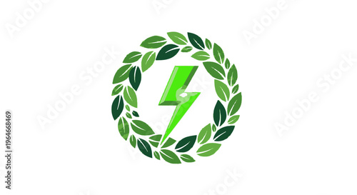 Green Energy Concept with Leaf Wreath and Lightning Bolt