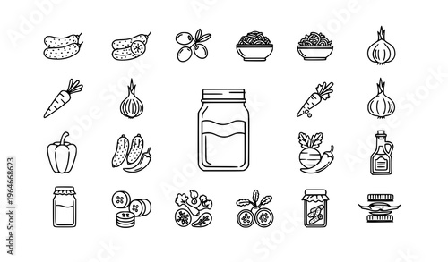 Modern pickled food outline icons set with jars vegetables and fermentation symbols circular vector collection