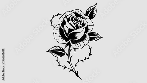 A delicate black and white illustration of a rose with thorns and leaves