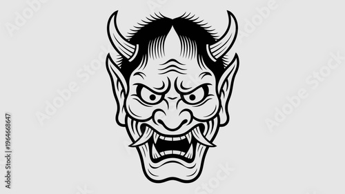 Intricate black and white illustration of a traditional japanese oni mask