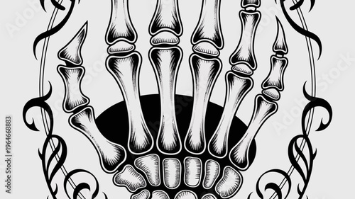 A striking black and white illustration of a skeletal hand with tribal designs