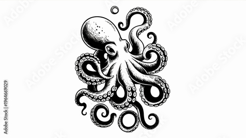 Detailed black and white illustration of an octopus with swirling tentacles