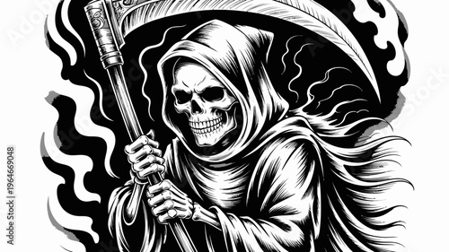Grim reaper with scythe and dark flames a classic symbol of death