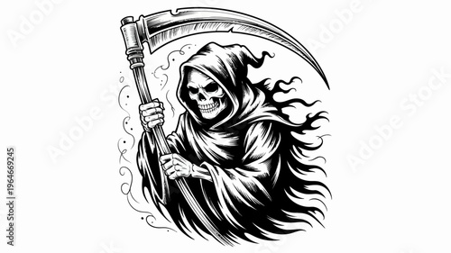 A striking black and white illustration of the grim reaper with a scythe