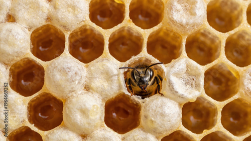 Bees working in honeycomb cells at a beekeeping farm during the day