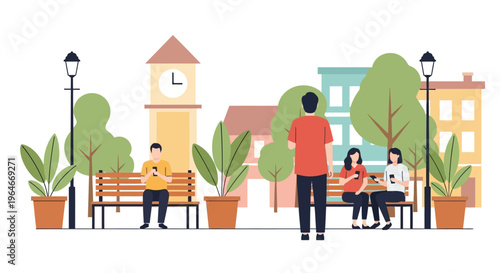 Flat Vector Illustration: People Using Smartphones in Urban Park. Digital Connectivity, Social Media & Modern Life.