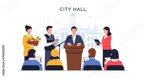 Public Official Addressing Community at City Hall: Focus on Local Food and Sustainable Initiatives