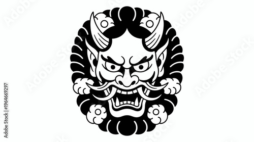Intricate black and white illustration of a traditional japanese oni mask
