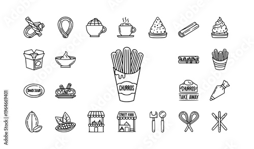Churros dessert outline icons set with chocolate dipping sweet food and bakery symbols modern vector collection