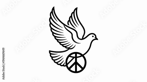 A white dove in flight carrying a peace symbol in its grasp