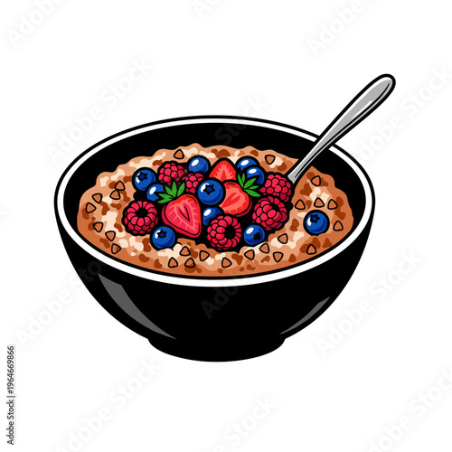 Buckwheat porridge bowl with berries in bold graphic vector illustration