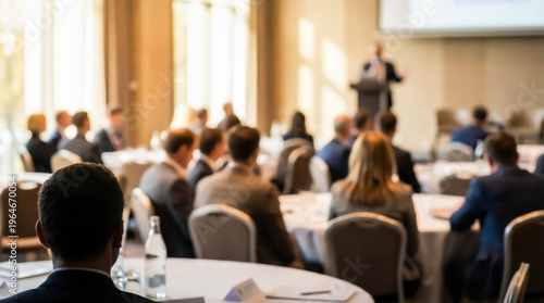 Business conference with speaker presenting to audience in a hotel meeting room