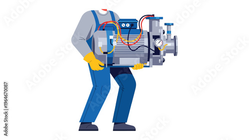 Engineer carrying Engine: An engineer in protective attire carries a powerful industrial engine, showcasing expertise and dedication in the field of engineering and maintenance.