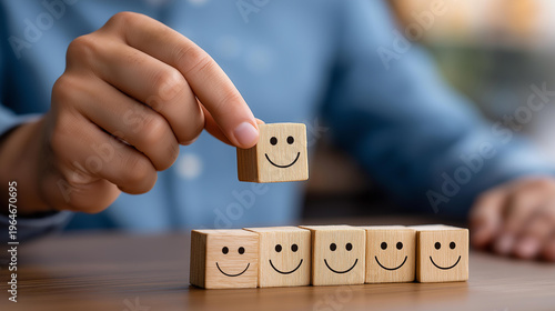 Person placing a wooden smiley block onto a feedback rating display, customer satisfaction and service quality improvement concept, defocused background, with copy space