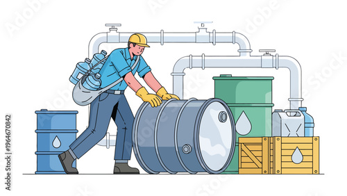 Oil Spill Cleanup Operation: An industrious worker, equipped with protective gear and essential tools, diligently manages a hazardous waste spill, ensuring environmental safety and responsibility.