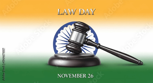 Law day india november 26 gavel and wheel on indian flag background symbolizing justice and law