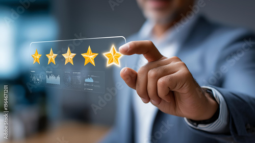 Customer experience rating and performance evaluation interface with five stars and analytics dashboard, business feedback and service quality monitoring concept, defocused