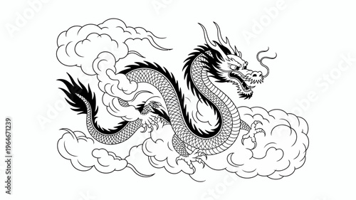 Detailed black and white illustration of a traditional eastern dragon among clouds