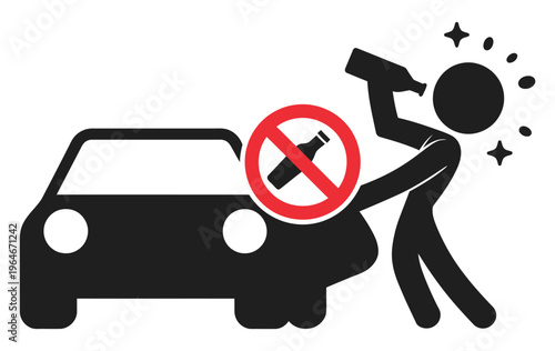Prohibition sign warning against drunk driving showing person drinking alcohol near car symbolizing road safety restriction and accident prevention