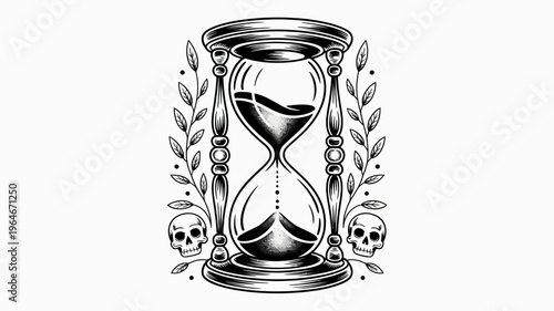 An ornate hourglass flanked by skulls and laurel branches a time themed illustration