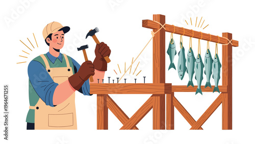 Artisan and Fish Drying Rack: A skilled artisan works diligently, crafting a wooden fish drying rack with precision, accompanied by freshly caught fish hanging in anticipation of the drying process.