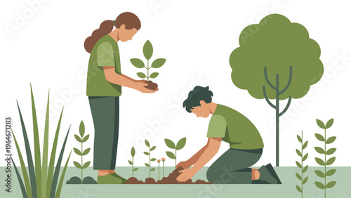 People planting trees illustration with gardening activity nature conservation environment sustainability eco friendly concept teamwork modern flat vector design