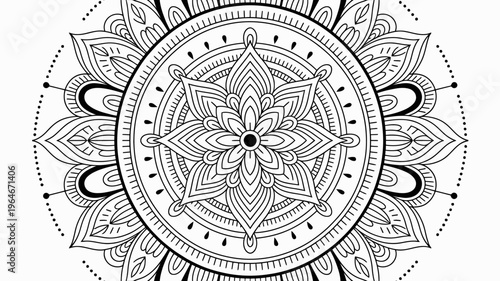Intricate black and white floral mandala design with repeating symmetrical patterns
