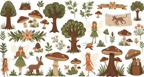 Whimsical forest scene with trees mushrooms deer and ferns on white background illustration