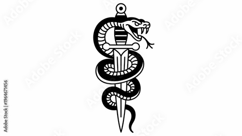 A striking black and white image of a snake coiled around a dagger