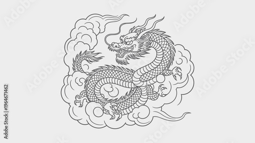 A detailed sketch of a traditional chinese dragon amidst swirling clouds