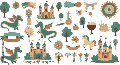 Medieval fantasy illustrations of castles dragons trees and magical objects in whimsical colorful artistic style